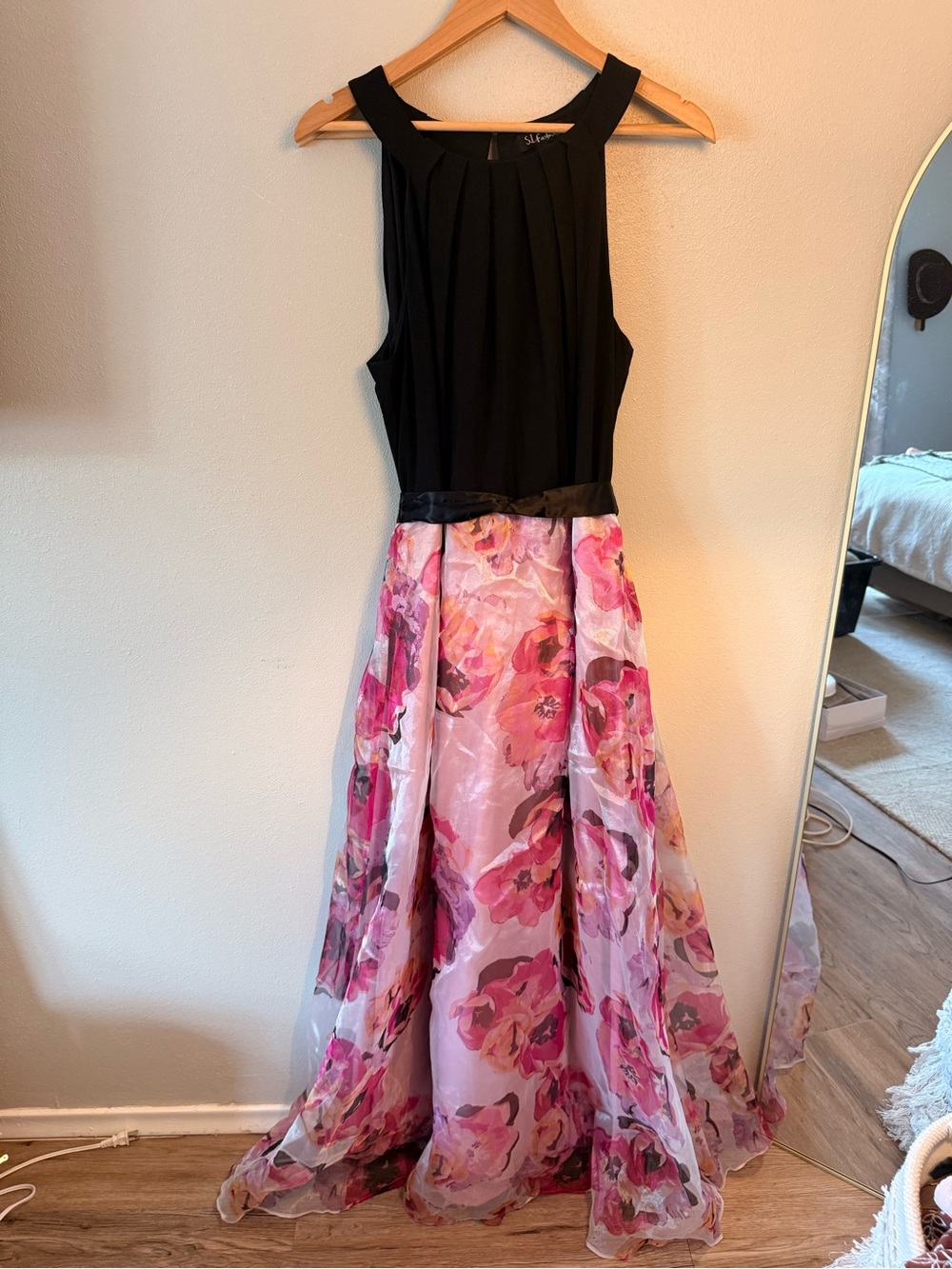 S. L. Fashions Black & Pink Floral Fit-and-Flare Dress wedding guest semi-formal